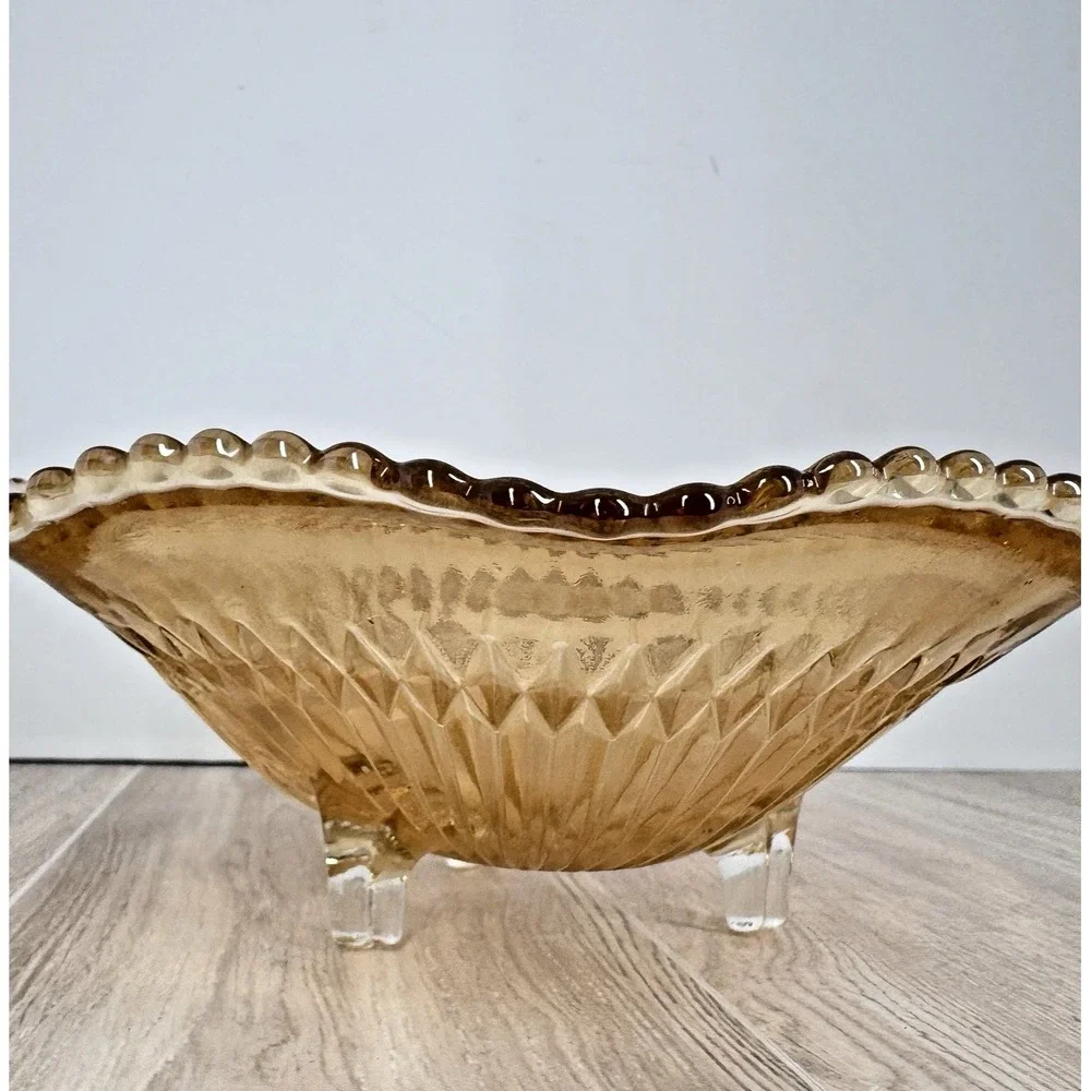 Vintage Amber Diamond Pattern Glass Footed Bowl Scalloped Rim Console‎ Dish